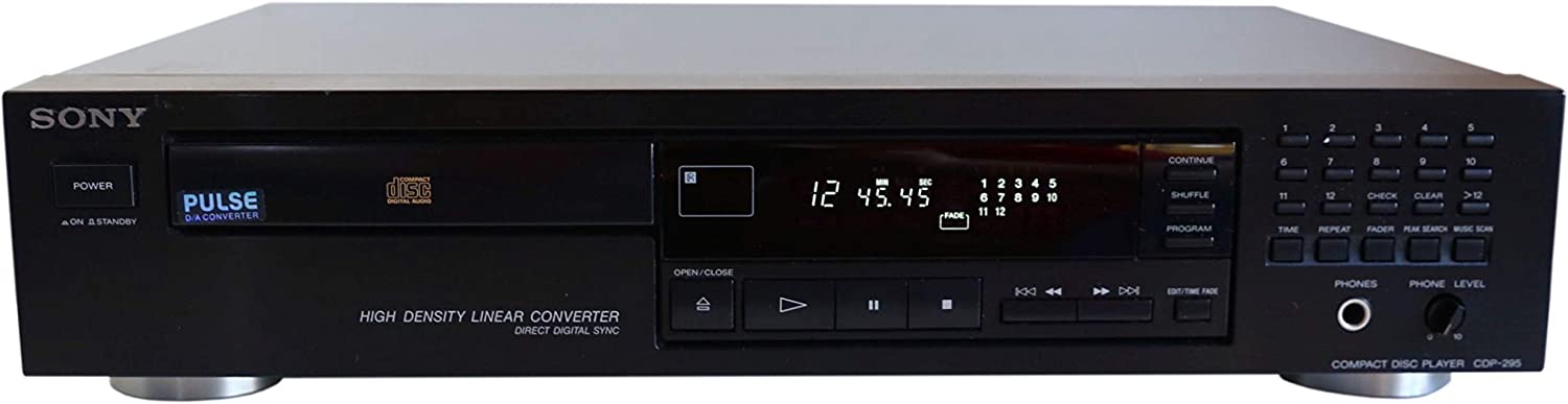 A stock image of a Sony CDP-295. It shows the same button position and display layout as the faint outlines in the screencap from The Matrix. It has a CD tray on the left, a blue on black display with track number, track listing. There are individual track selection buttons and mode buttons such as repeate and shuffle to the right.